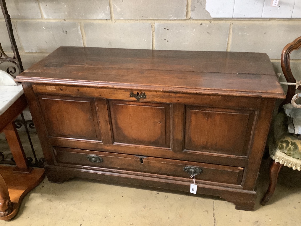 An 18th century panelled pine mule chest, length 128cm, depth 51cm, height 76cm